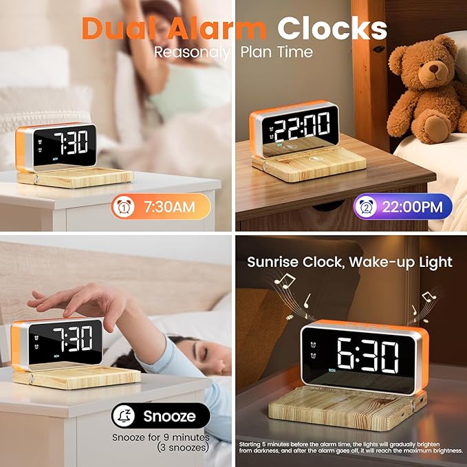 Alarm Clocks for Bedrooms with Wireless Charger Station, Bluetooth Speaker, Woodgrain, White Noise Sound Machines, RGB Night Lights, Ideal Gift for Adult Man Women Teen Girls Boys