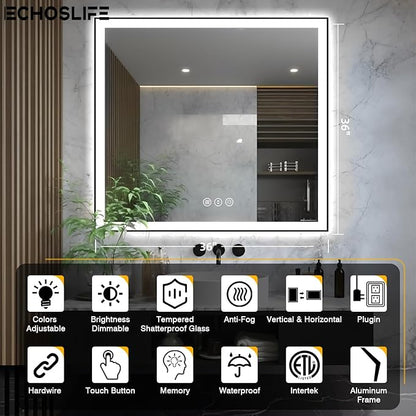 36x36 Square LED Bathroom Mirror - Black Aluminum Framed (Front and Backlit), Anti-Fog Vanity Mirror with Lights, Stepless Dimmable Lighted Mirror,3 Colors Smart Mirror(Horizontal/Vertical)