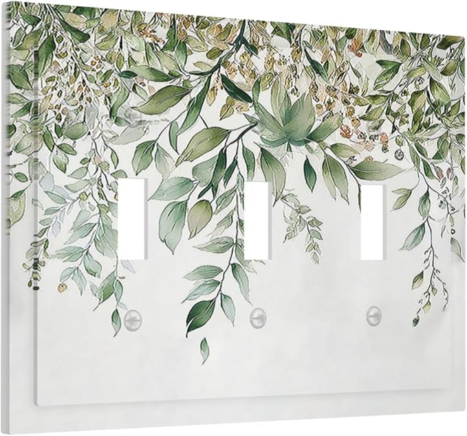 Decorative Switch Plates Sage Green Eucalyptus Watercolor Plant Leaves 3 Gang Wall Plate Triple Toggle Light Switch Cover Faceplate Electrical Wall Panels for Bedroom Bathroom Decor