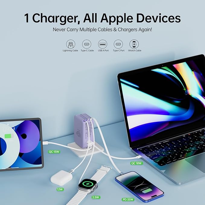 Retractable Apple Watch Charger, 5 in 1 Travel Charging Station for Apple Devices, Retractable Chargers for Multiple Devices with Multi Charging Cable, Charger Block for Apple Gear (Purple)
