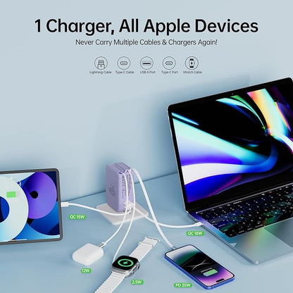 Retractable Apple Watch Charger, 5 in 1 Travel Charging Station for Apple Devices, Retractable Chargers for Multiple Devices with Multi Charging Cable, Charger Block for Apple Gear (Purple)