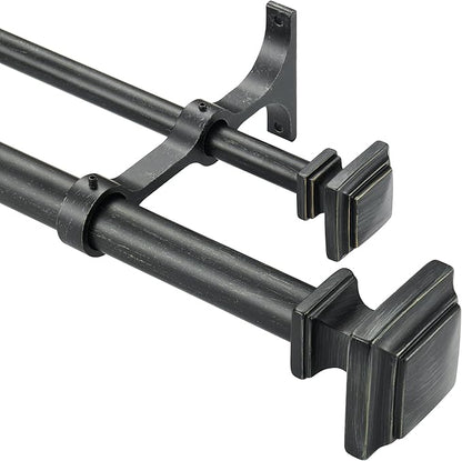Double Wood Curtain Rods for Windows 72 to 144 Inches,1 Inch Decorative Wooden Curtain Rod with Square Imitation Wood Grain Finials and Double Aluminum Bouquet Bracket, Antique Black