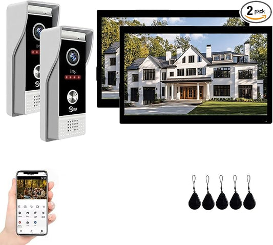 Video Doorbell Intercom System,10 Inches Touch Screen (Black) Video Doorbell Door Phone System,Support Remote Unlock, Dual-Way Intercom,Night Vision for Villa House Apartment (2-Camera + 2-Monitor)