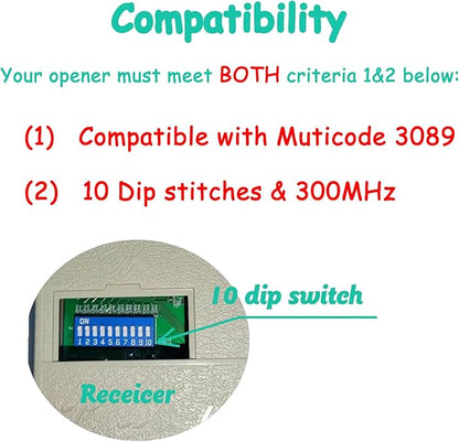 2 for 10 Dip Switch Multicode Gate Door Opener Remote,Replacement for Multi-Code Garage Door Opener Remote Transmitter 3089 MCS308911 3060 MCS306010,3070 MCS307010,300MHz
