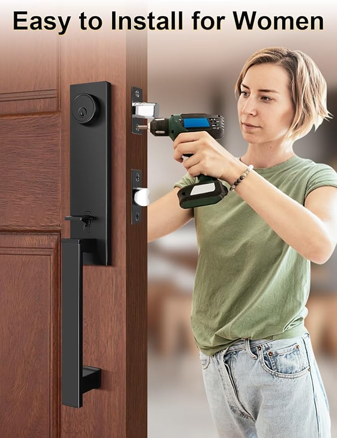 Full Escutcheon HandleSet Front Door Entry Handle and Deadbolt Lock Set Slim Square Single Cylinder Deadbolt and Lever Heavy Duty – Matte Black Finish