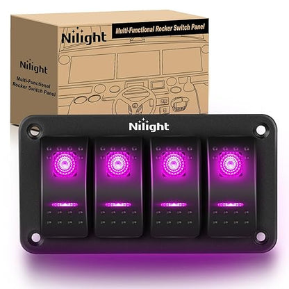 Nilight 4 Gang Rocker Switch Panel with Purple LED Light 5 Pin On Off Pre-Wired Aluminum Toggle Switches Waterproof for 12V/24V Cars Marine Boats ATVs Trailers RV Trucks