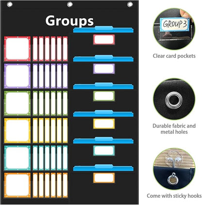 REGELETO Small Group Management Pocket Chart with 96 Cards Classroom Jobs Chart Small Group Organizer and on Task for School Teacher Homeschool Learning Supplies (Black)