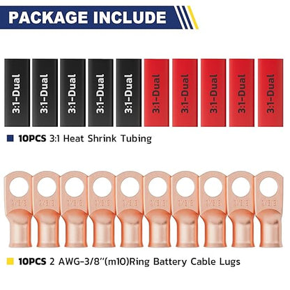 haisstronica 10pcs 2 AWG - 3/8" (M10) Battery Cable Lugs, Heavy Duty Copper Wire Lugs with 10pcs 3:1 Adhesive Heat Shrink Tubing, 2 Gauge Wire Connectors Battery Terminal Connector, Battery Cable Ends