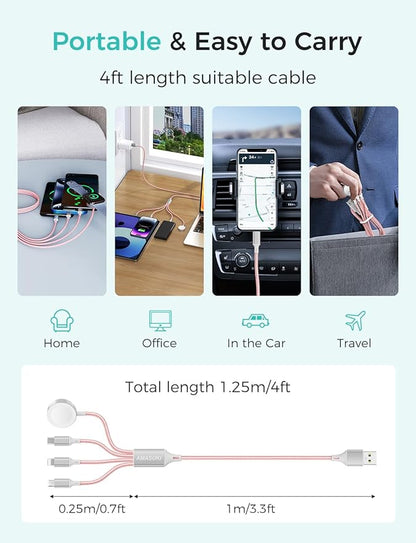 Travel Essentials,4 in 1 for Apple Watch Charger/iPhone Charger/Multi Charging Cable,Vacation RV Camping Essentials,USB C/L/Micro Portable Charger for iWatch 11-1/iPhone 17-12,Car&Gift-Pink