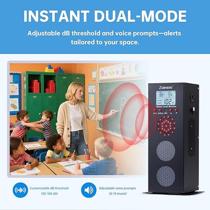 Noise Detector with Traffic Light Alert & Adjustable dB Threshold & Volume, Temp & Humidity Display, for Classroom Noise Control, Fun Interaction for Easy Noise Management