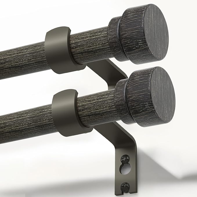 2 Pack Black walnut wood Grain Curtain Rods for Windows 28 to 48 Inches 1" Diameter Heavy Duty Window Curtain Rod Adjustable with Solid Finials for Living Room Bedroom Kitchen Farmhouse Outdoor