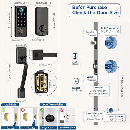 BEBASIA Fingerprint Door Lock for Front Door with Handle Set, App Control, Smart Keyless Entry Digital Electronic Keypad Touchscreen Deadbolt, Easy Install, Auto Lock, Black