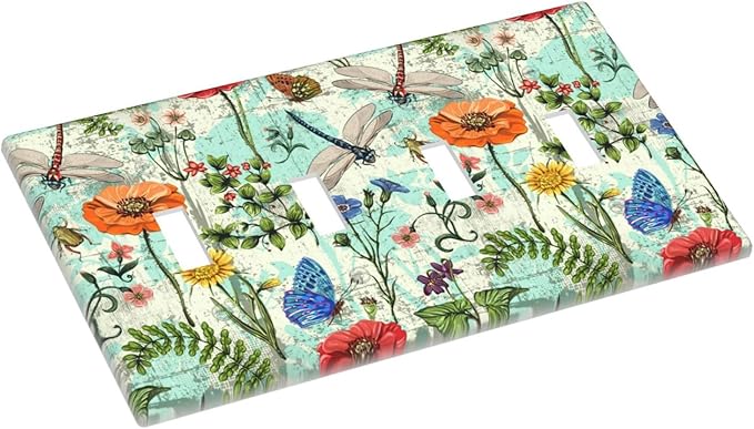 Dragonflies Flowers Butterfly 4 Gang Quad Toggle Outlet Light Switch Cover Decorative Wall Plate Cover For Home Living Bedroom Kitchen Decorative