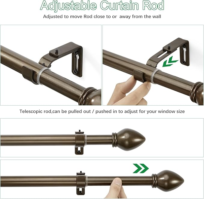 Curtain Rods for Windows 16 to 48 inches, Curtain Rod Max Adjustable Length to 60 in, Drapery Rod 1 inch Diameter with Modern Knobs Finials (Brown, 16" to 48" - Set of 2)
