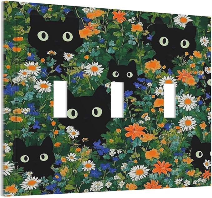 Boho Funny Black Cute Cats Daisy Wildflower Decorative Switch Plates 3 Gang Wall Plate Triple Toggle Light Switch Cover Faceplate Electrical Wall Panels For Kids Room Bed Room Decor