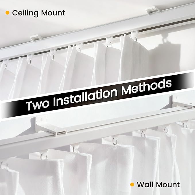 Aluminum 15 ft–18 ft Ceiling Curtain Track Set with 3 Types of Hooks, Adjustable Ceiling/Wall Mount Room Divider Curtain Rail System, White