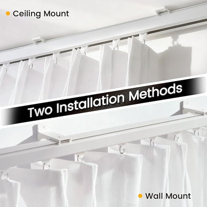 Aluminum 15 ft–18 ft Ceiling Curtain Track Set with 3 Types of Hooks, Adjustable Ceiling/Wall Mount Room Divider Curtain Rail System, White