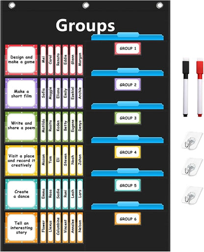 REGELETO Small Group Management Pocket Chart with 96 Cards Classroom Jobs Chart Small Group Organizer and on Task for School Teacher Homeschool Learning Supplies (Black)