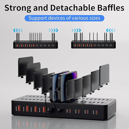 60W Charging Station for Multiple Devices, 10-Port USB Fast Charging Station with Adjustable Dividers - Device Organizer Charging Dock for iPhone, Android, iPad, Tablets & More