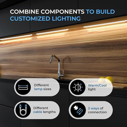 EShine Extra Long 20 inch LED Dimmable Under Cabinet Lighting Strip with Hand Wave Motion Sensor, Black, with Accessories (No Power Supply Included), Warm White (3000K)