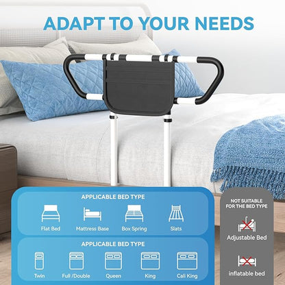 Bed Rails for Elderly Adults Safety - ASTM F3186-17 Certified 400lbs Capacity Adjustable Bed Assist Rail with Non-Slip Handles & Storage Bag, Fits Twin/Full/Queen/King Beds