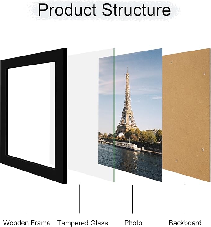 iRahmen 8x10 Picture Frame with HD Tempered Glass, Wood Photo Frames for Tabletop and Wall Mount (Black, 1 Pack)