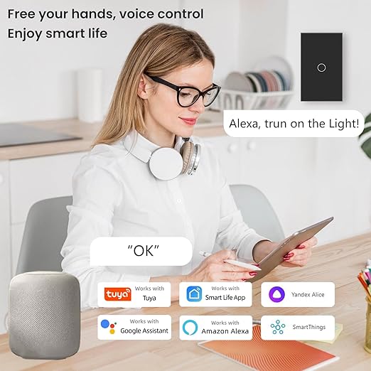 WiFi Smart Light Switch 118X72X34MM Need Neutral Wire,2.4GHz Wi-Fi Touch Switch,Work with Smart Life/Tuya App, Compatible with Alexa and Google Home, Black 1 Gang