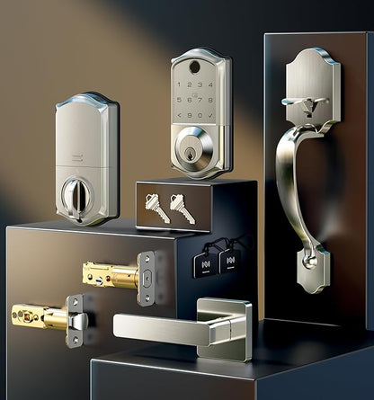 Veise VE017-H Fingerprint Smart Front Door Lock Set, App Control, Keyless Entry Deadbolt with Handle, Smart Deadbolt, Emergency Power Port, Touchscreen Keypad, Auto Lock, Easy Install, Satin Nickel