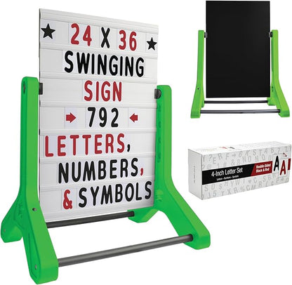 Swinging Changeable Message Sidewalk Sign: 24" x 36" Sign with 792 Pre-Cut Double Sided Letters and Storage Box. Includes Black Board & Letter Board (Green Color Legs)