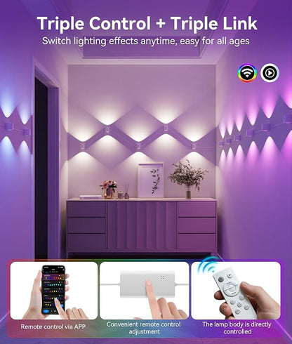 8 Lamp RGBCW Indoor Wall Lights, Up Down Lighting Bedroom Wall Sconces, Music Sync, DIY Styling White Color Changing Wall Lamps For Living room, Party, Home Decor, Compatible Alexa/Google Assistant