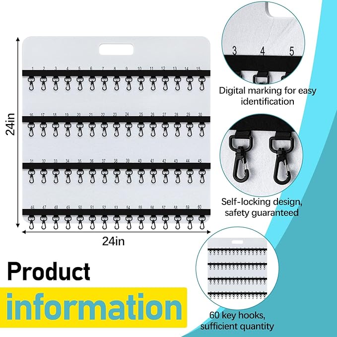 24'' x 24'' Key Rack Wall Mount with 38 Numbered Self Closing Hooks Felt Key Holder Board Storage for Car Dealer Property Manager Valet Parking Residential Small Businesses