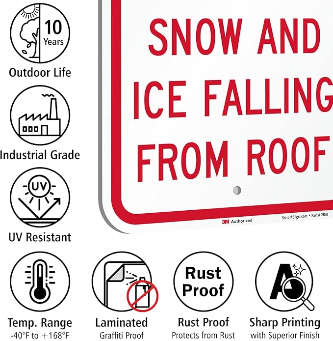 SmartSign-K-9428-EG "Beware Of Snow And Ice Falling From Roof" Sign | 12" x 18" 3M Engineer Grade Reflective Aluminum, Red on White