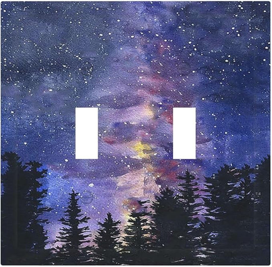 Decorative Switch Plates Dream Milky Way Starry Forest Pine Watercolor Painting 2 Gang Double Toggle Wall Plate Outlet Light Switch Cover Electrical Faceplate for Bedroom Home Decor