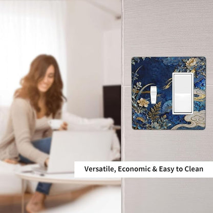 Decorative Outlet Covers Blue White Flower Gold Line Cloud 2 Gang Light Switch Cover Plate Single Toggle 1 Rocker Wall Plates for Electrical Outlets Switch Plate Covers for Home Decor