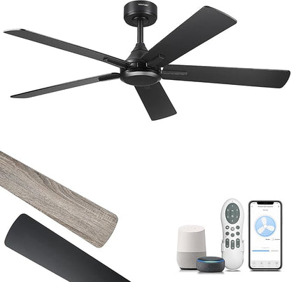 YOUKAIN Ceiling Fan without Light, 52 Inch Black Ceiling Fans, Smart Ceiling Fans Remote & APP Control, Reversible Blades, Outdoor Ceiling Fan for Bedroom, Living room, 52-YJ812-BK-NL