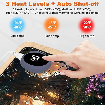 Heated Mouse Pad for Desk 31.5" x 13" – PU Leather Warm Desk Pad with 3 Heat Levels (104°F/113°F/122°F), Plug-in Electric Heating Mat with Auto Shut-Off, Waterproof & Rollable, Glowing Forest