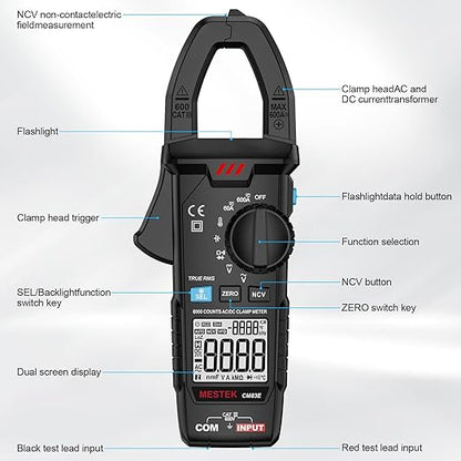 MESTEK Clamp Meter, Digital Clamp Multimeter Voltage Tester TRMS 6000 Counts Current Amp Volt Meter, Voltmeter Measures NCV AC DC Current Voltage Resistance Capacitance Temperature Diodes Continuity