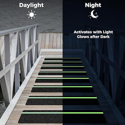 10 Pack 4” x 30” Anti Slip Traction Treads with Glow in The Dark Stripe, Outdoor Waterproof Non Skid Pre-Cut Tape with Roller, High Traction Friction Abrasive Adhesive for Stairs Step