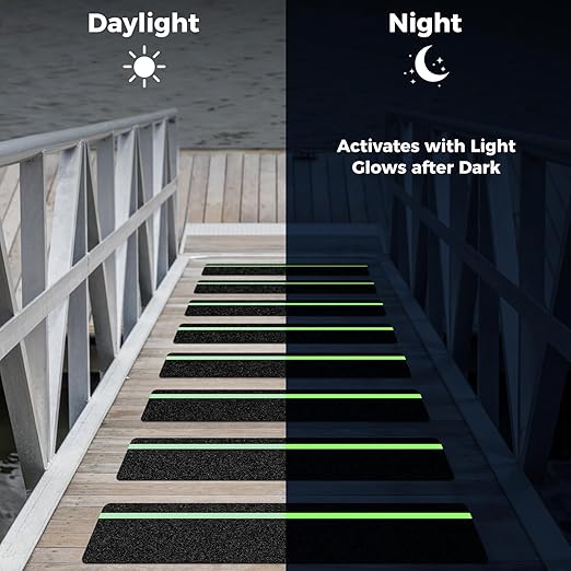 10 Pack 6” x 32” Anti Slip Traction Treads with Glow in The Dark Stripe, Outdoor Waterproof Non Skid Pre-Cut Tape with Roller, High Traction Friction Abrasive Adhesive for Stairs Step