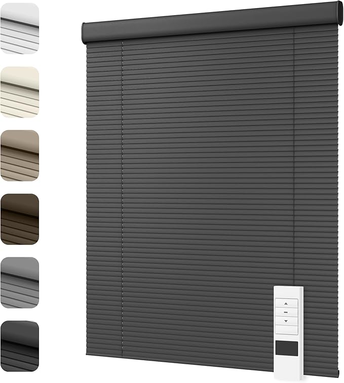 Motorized Cordless Aluminum Blinds with Remote, Automatic Room Darkening Horizontal Blinds for Indoor Windows, Light Adjustment Waterproof Blinds, Customized for Home Office, Black
