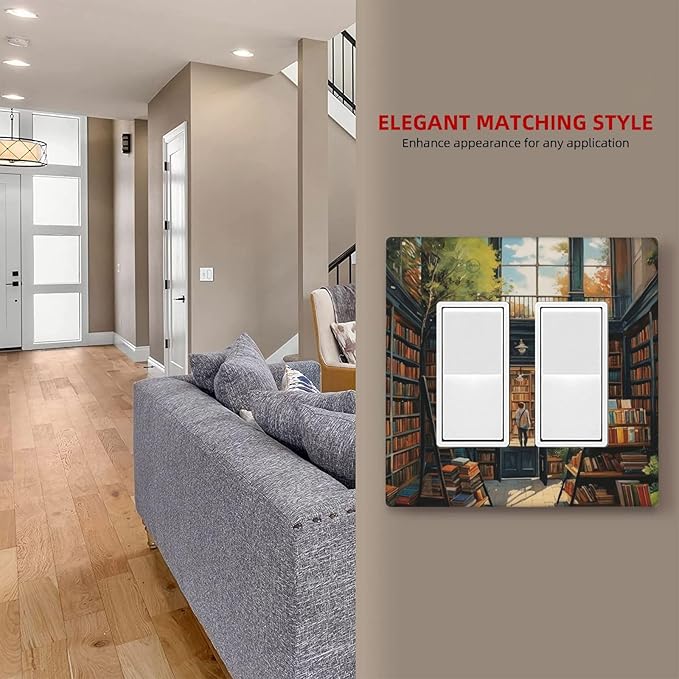 Library With A Lot Of Books Dual Outlet Covers Wall Plate 2 Gang Rocker Decora Decorative Switchplate Electrical Faceplate GFCI Light Switch Covers for Farmhouse Living Decor