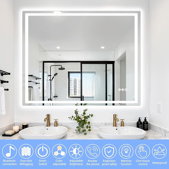 24" Round LED Bathroom Mirror with Anti-Fog & Touch Switch - 60x60cm Wall-Mounted Makeup Vanity Mirror, No Drilling Required, Smart Display (Square)