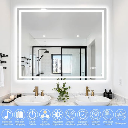 24" Round LED Bathroom Mirror with Anti-Fog & Touch Switch - 60x60cm Wall-Mounted Makeup Vanity Mirror, No Drilling Required, Smart Display (Square)