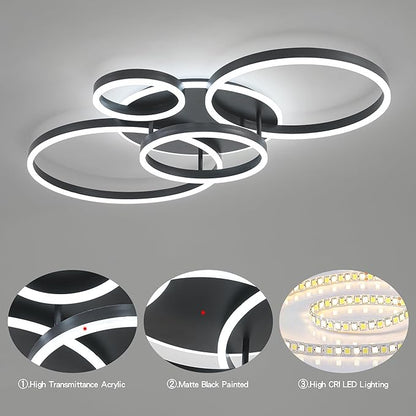 O'NEELDY Flush Mount Modern Ceiling Light Black Led Modern Light Fixtures Ceiling Mount Lights 4 Rings Led Chandelier Lamp Fixture with Remote for Living Room Kitchen Dining Room Bedroom