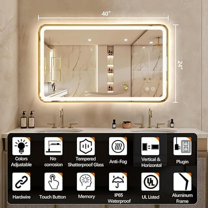 40"x24" Lighted Vanity Mirror with Lights, Gold Metal Frame Led Mirror for Bathroom, Anti-Fog Wall Mirror with Front and Backlit, Shatterproof, 3 Colors Stepless Dimmable, Horizontal/Vertical