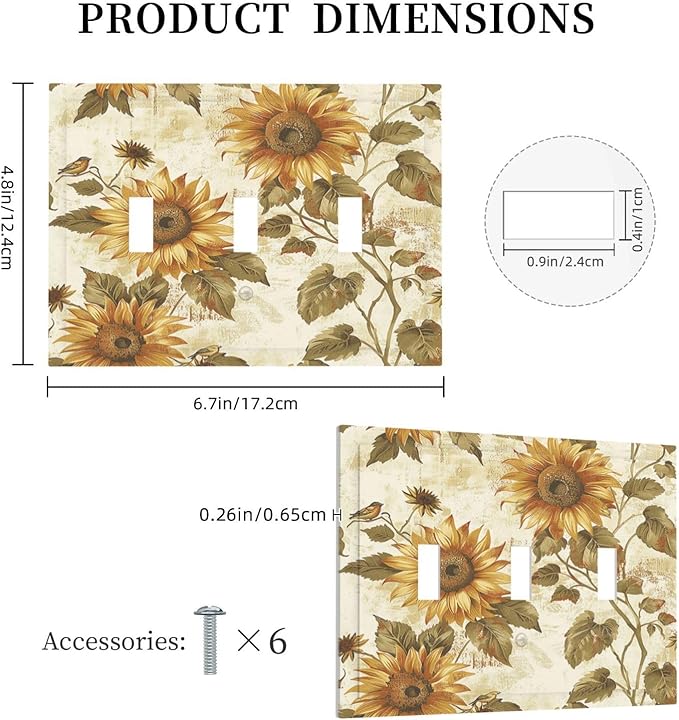 Decorative Switch Plates Rustic Sunflower Floral Pattern 3 Gang Wall Plate Triple Toggle Light Switch Cover Faceplate Electrical Wall Panels for Bedroom Cabin Decor