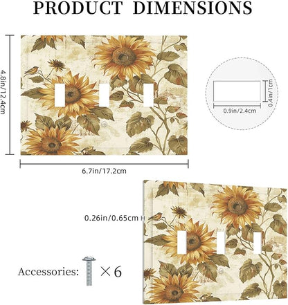 Decorative Switch Plates Rustic Sunflower Floral Pattern 3 Gang Wall Plate Triple Toggle Light Switch Cover Faceplate Electrical Wall Panels for Bedroom Cabin Decor