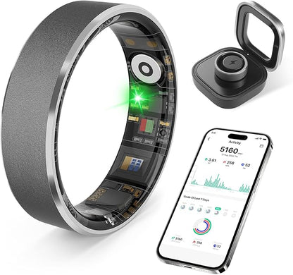 Smart Health Ring, Featuring Stress and Sleep Monitoring Functions, Compatible with iOS and Android, Waterproof Fitness Tracker for Women & Men, No Subscription Fee. (Gunmetal Gray, 8)