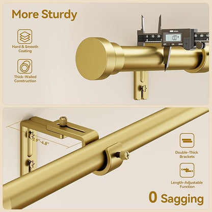 Curtain Rod 32-144 Inch, Heavy Duty 1 Inch Adjustable Curtain Rods for Windows, Gold Extra Long Window Treatment Rods, Modern Design, Easy Installation
