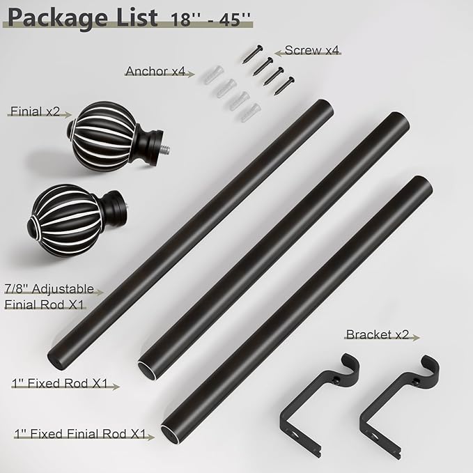 Black Curtain Rods for Windows 28 to 48 Inch, 1'' Adjustable Heavy Duty Curtain Rod，Vintage Decorative Drapery Rods with Pumpkin Finials for Bedroom Living Room